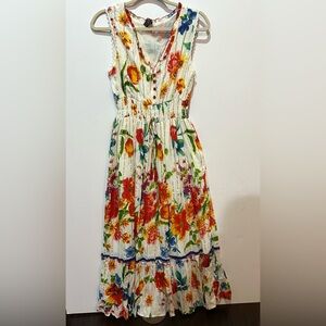 Anthropologie ME 2 MAGIC Floral Long Dress w Gold Accents Medium